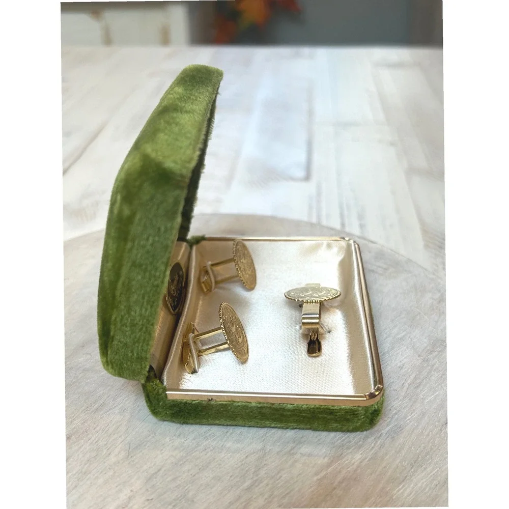 Vintage Stag Gemini Zodiac Cufflinks and Tie Clip Set‎ Gold Tone